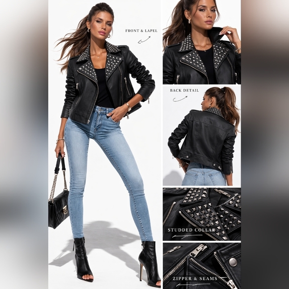 Trouve Leather Moto Jacket Studded Biker Black Gunmetal Hardware Studs